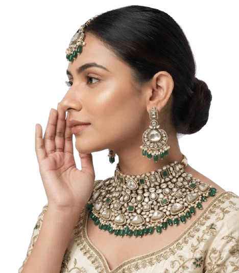 Model wearing AFJ Kundan jewellery set with emerald drops — Ambani Fashion Jewellery